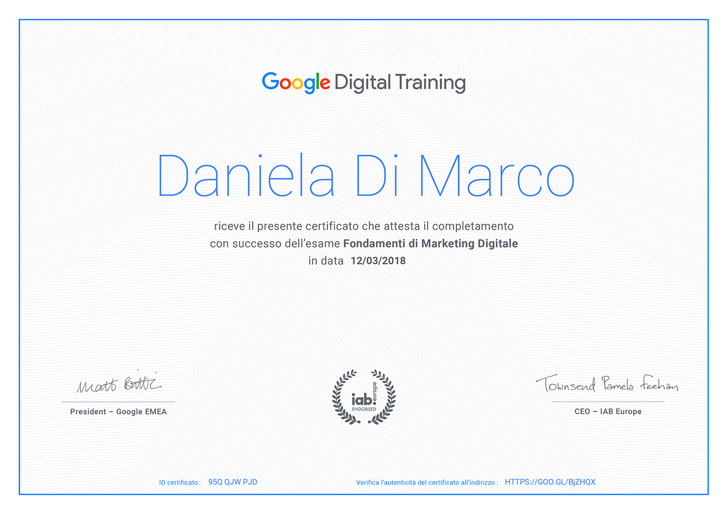 Nuovo Attestato Google Digital Training Daniela Di Marco